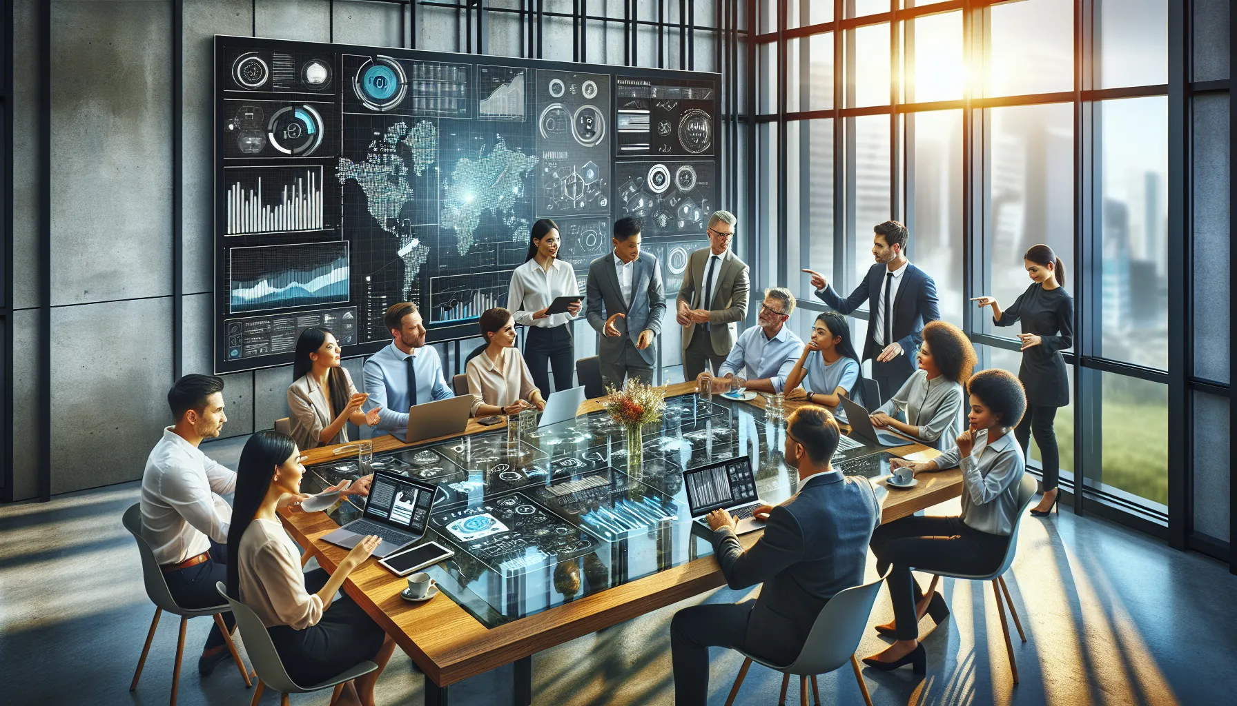 diverse professionals discussing analytics in a modern office.