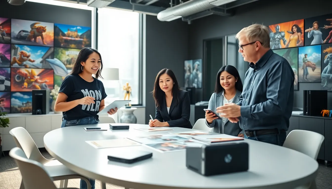 three game developers collaborating in a bright, modern office setting.