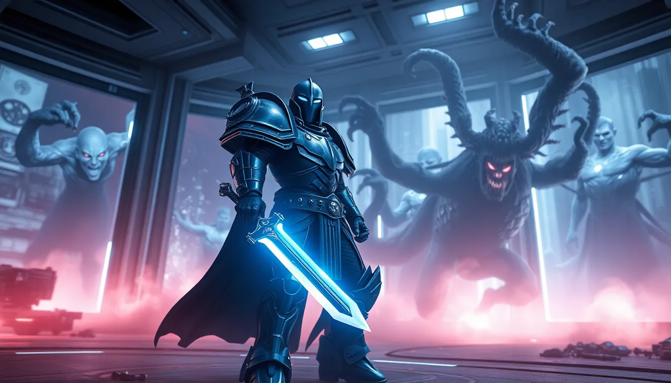 A Grey Knight Space Marine confronting daemons in a futuristic battlefield.