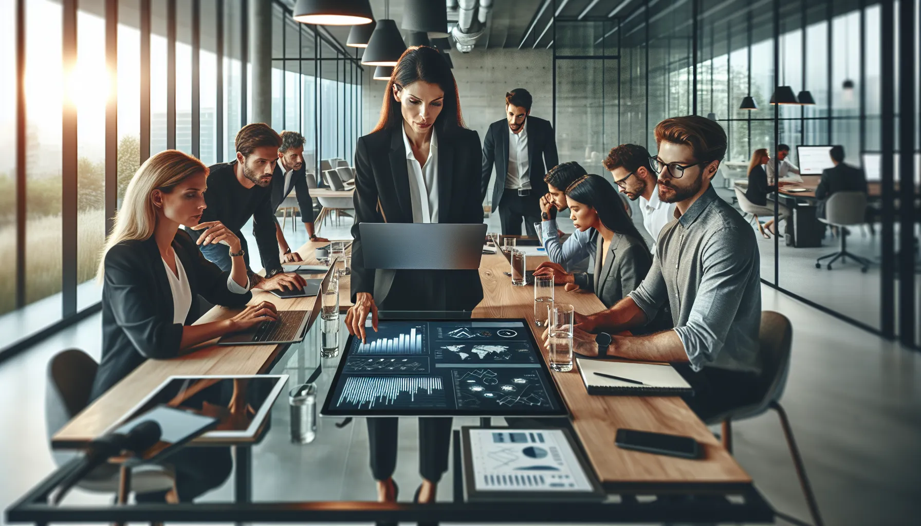 diverse team collaborating on data analytics in a modern office.