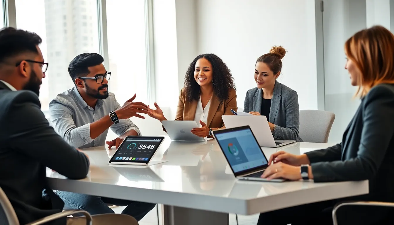 diverse team discussing wearable technology in a modern office.