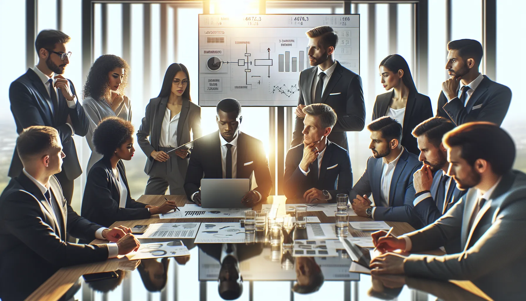 professionals collaborating in a modern office around a digital display.