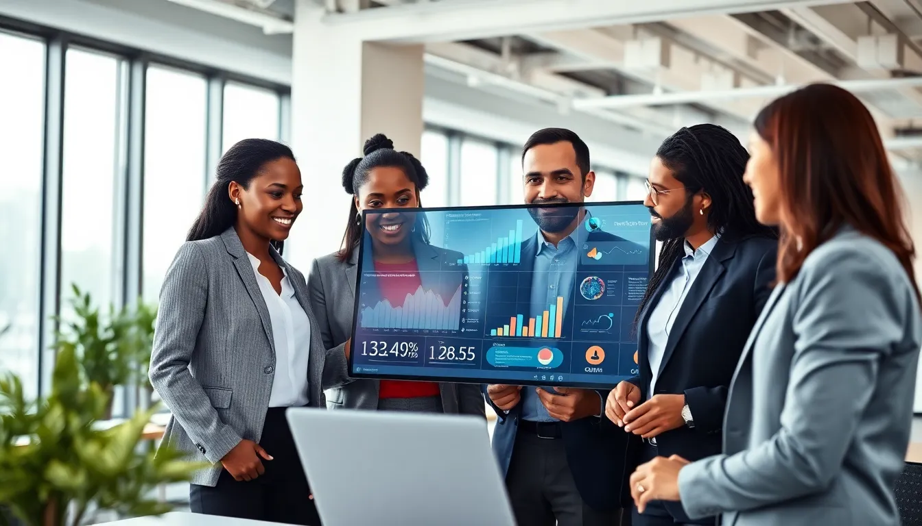 diverse team collaborating in a modern office setting for digital business.