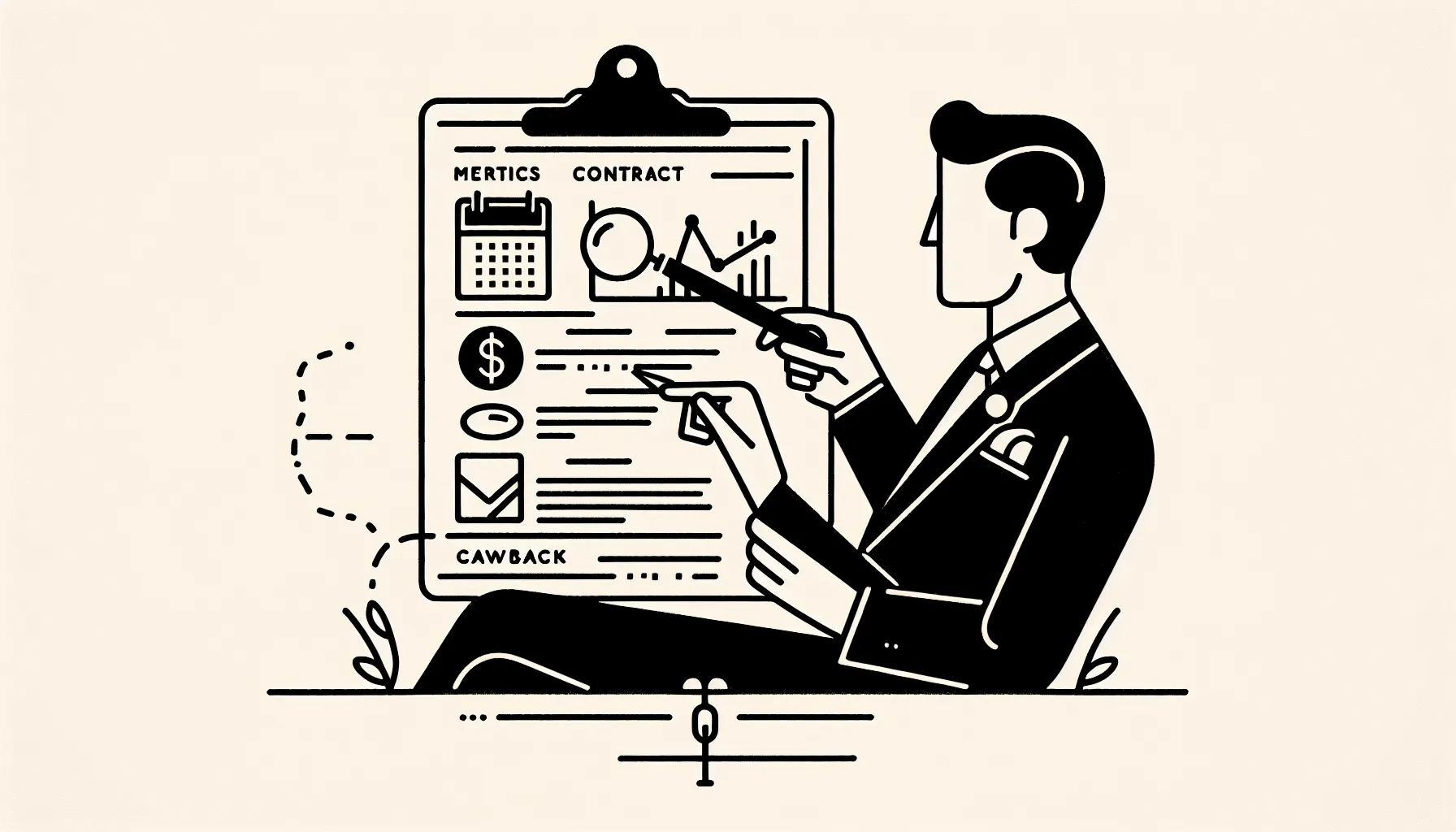 Physician examining a contract with icons for metrics, calendar, and clawback of Physician Contract Red Flags.