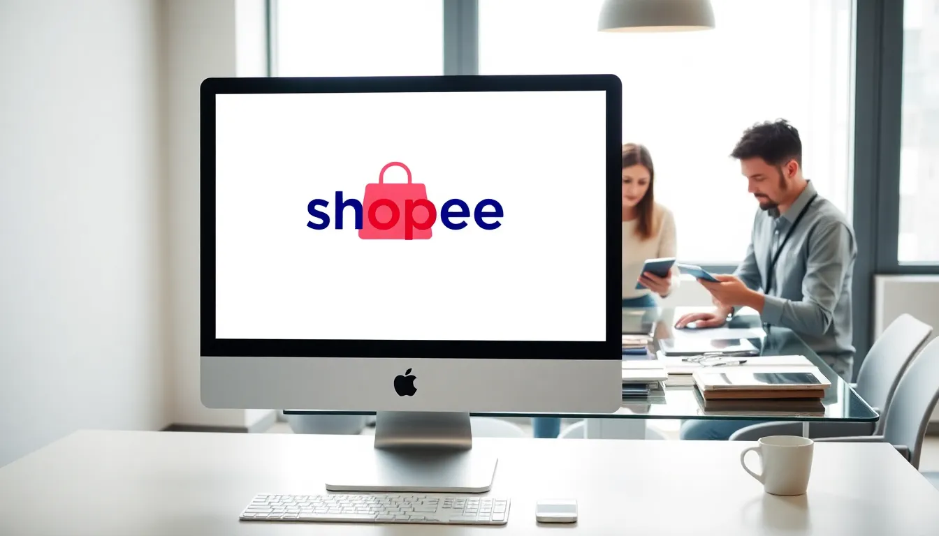 computer screen displaying a Shopee PNG logo in a modern office setting.