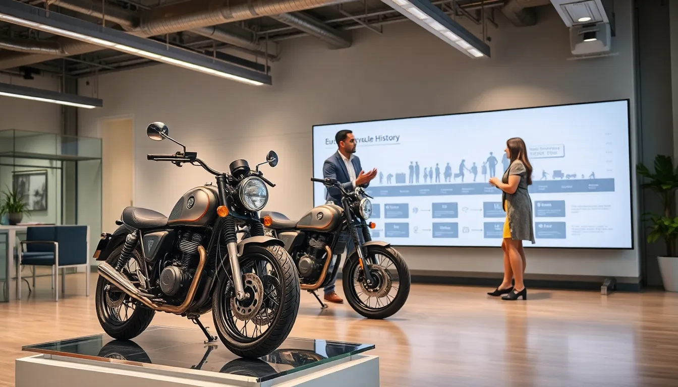 vintage and modern motorcycles in a modern workspace.