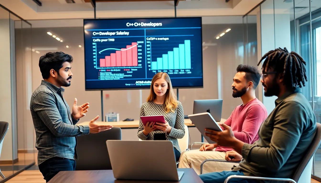 a team of diverse C++ developers discussing salaries in a modern office.