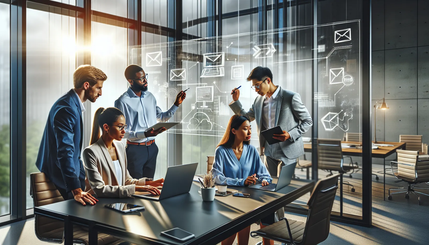 diverse team discussing email strategies in a modern office.