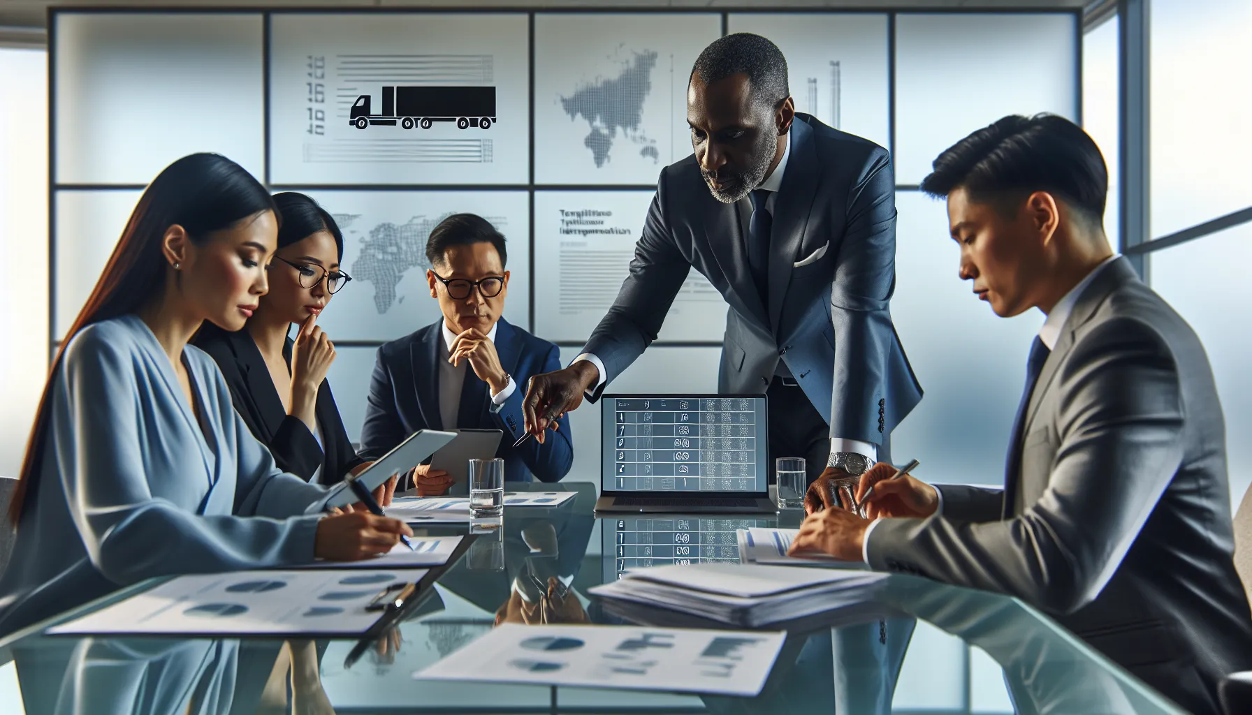 diverse team collaborating on logistics and telecommunications in a modern office.