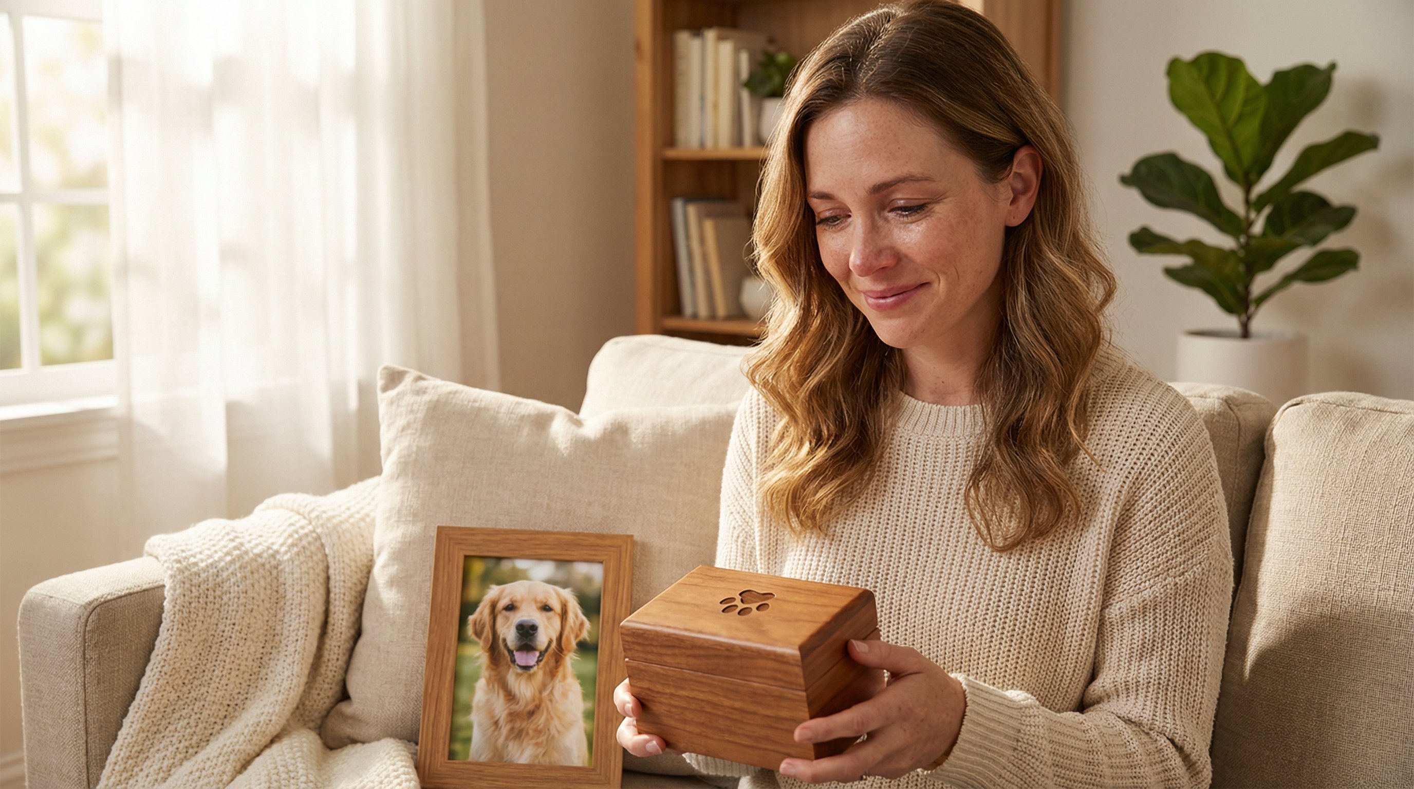 Woman holding a paw print keepsake box beside a framed dog photo.