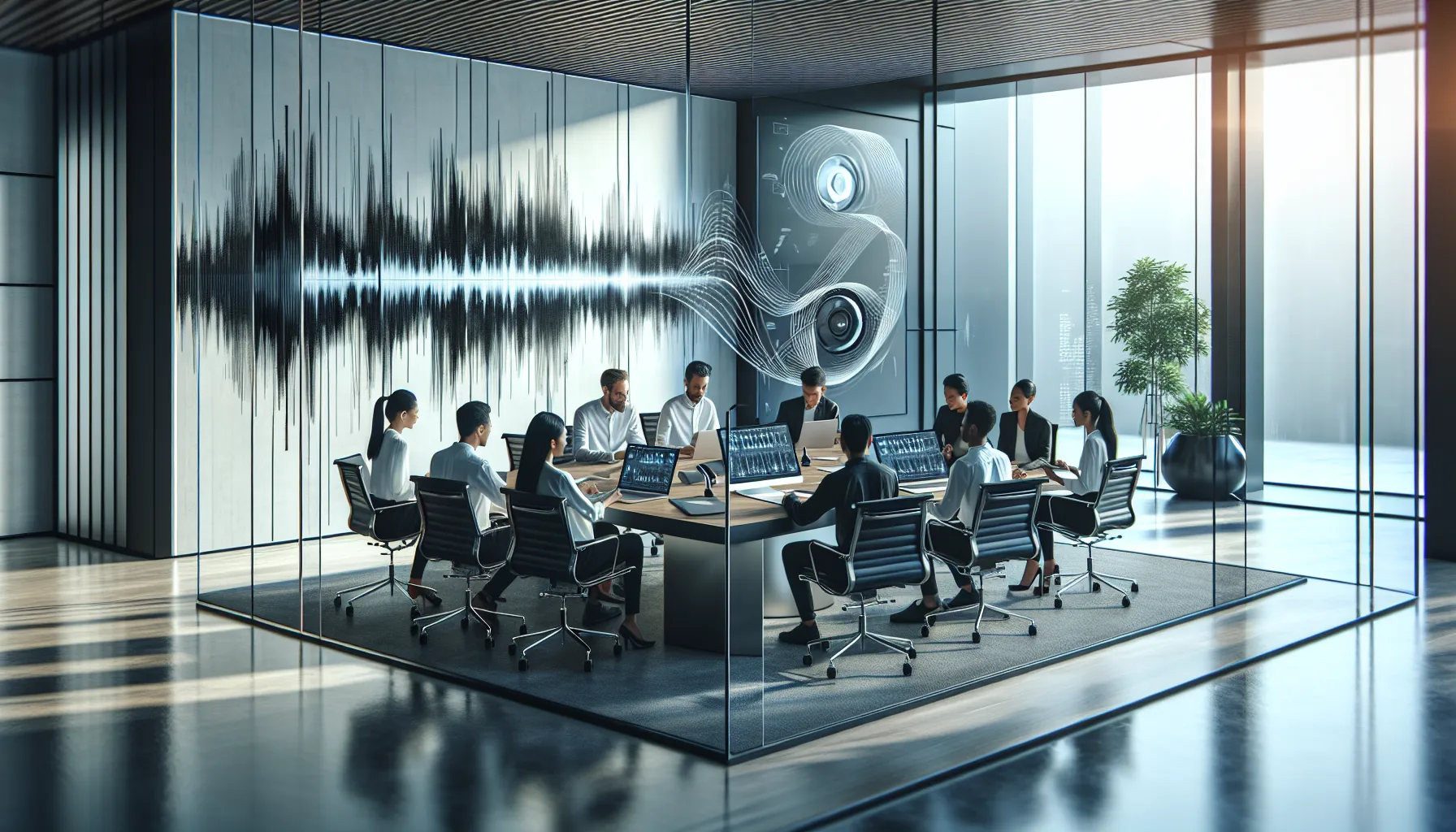 diverse team discussing audio technology in a modern office.