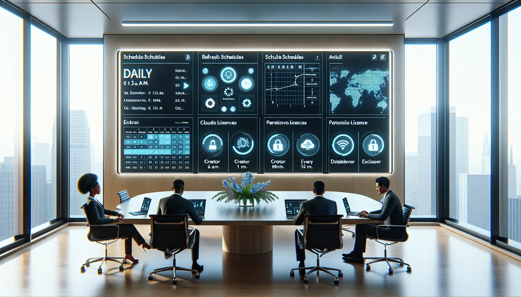 Data professionals configuring Tableau scheduled refreshes on a dashboard in a modern office.