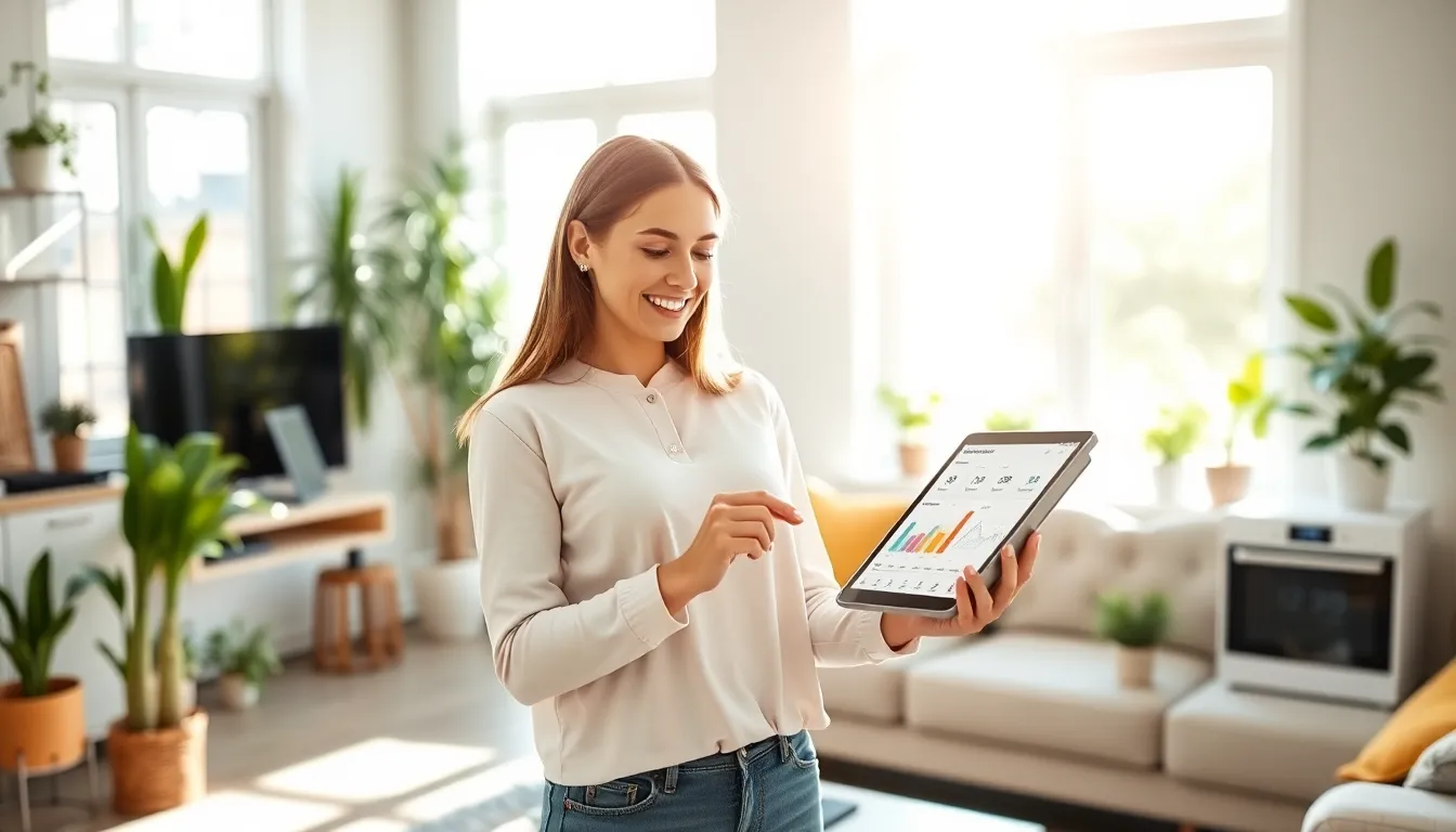 a woman analyzing energy consumption on a tablet in a modern home.