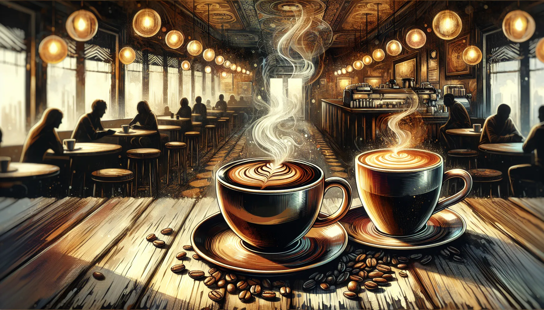 Two coffee cups side by side, one dark roast and one light roast.