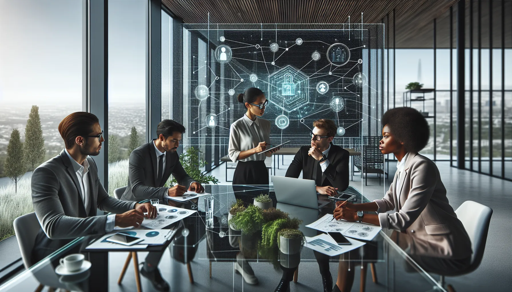 diverse professionals collaborating in a high-tech office setting.