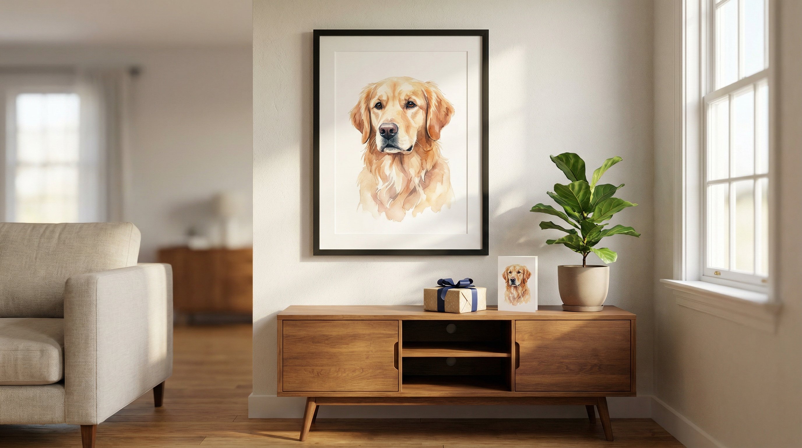 Framed watercolor dog portrait hanging on a sunlit living room wall with birthday gift.