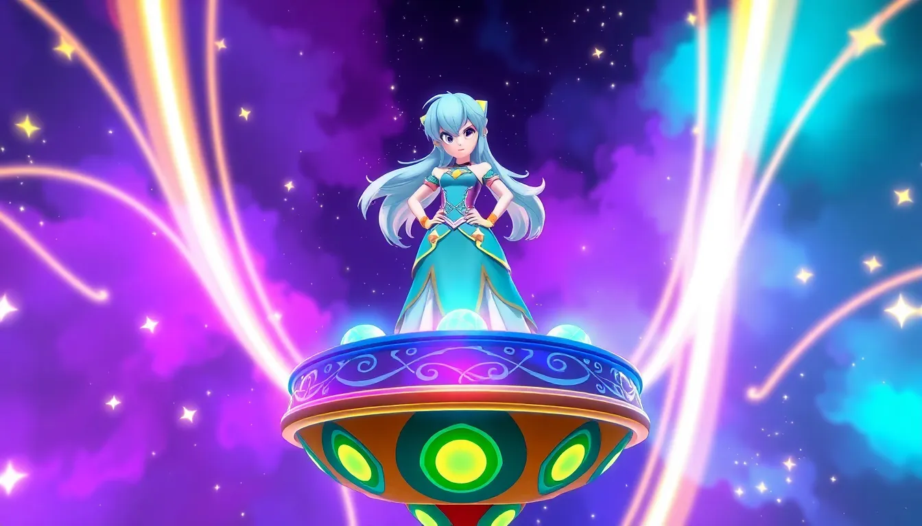 Rosalina character poised in a vibrant, cosmic 4D game setting.