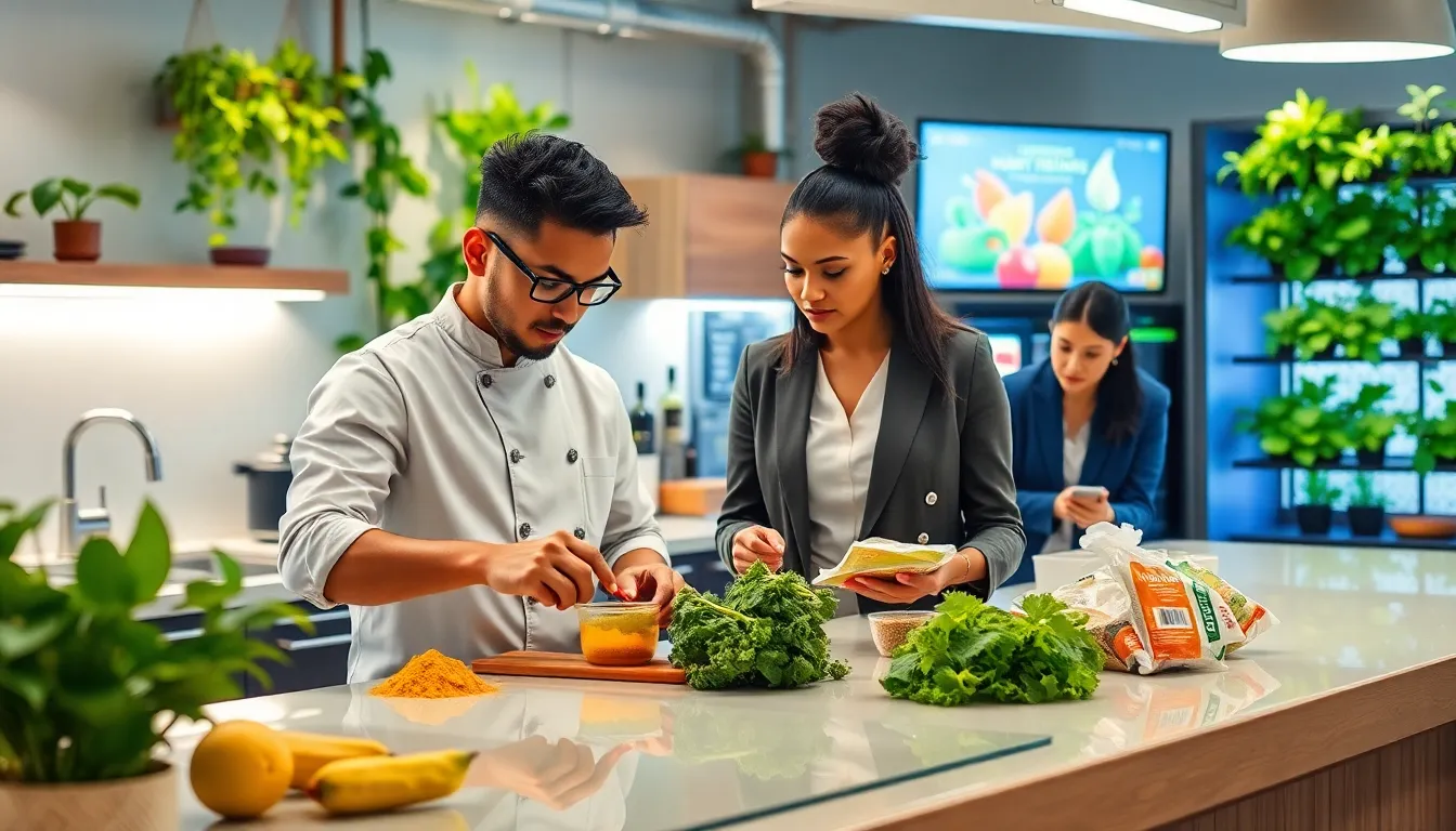 diverse professionals exploring food industry trends in a modern kitchen.