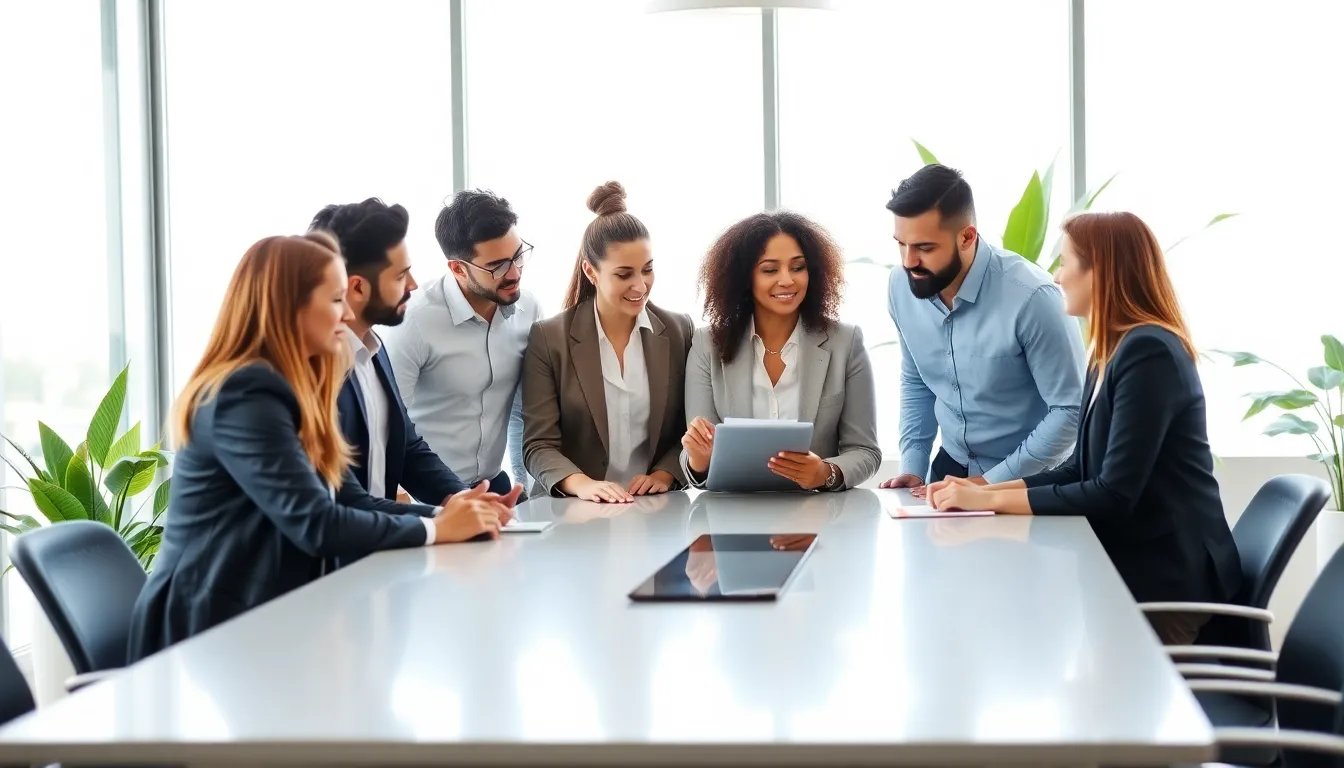 diverse team collaborating in a modern office environment.