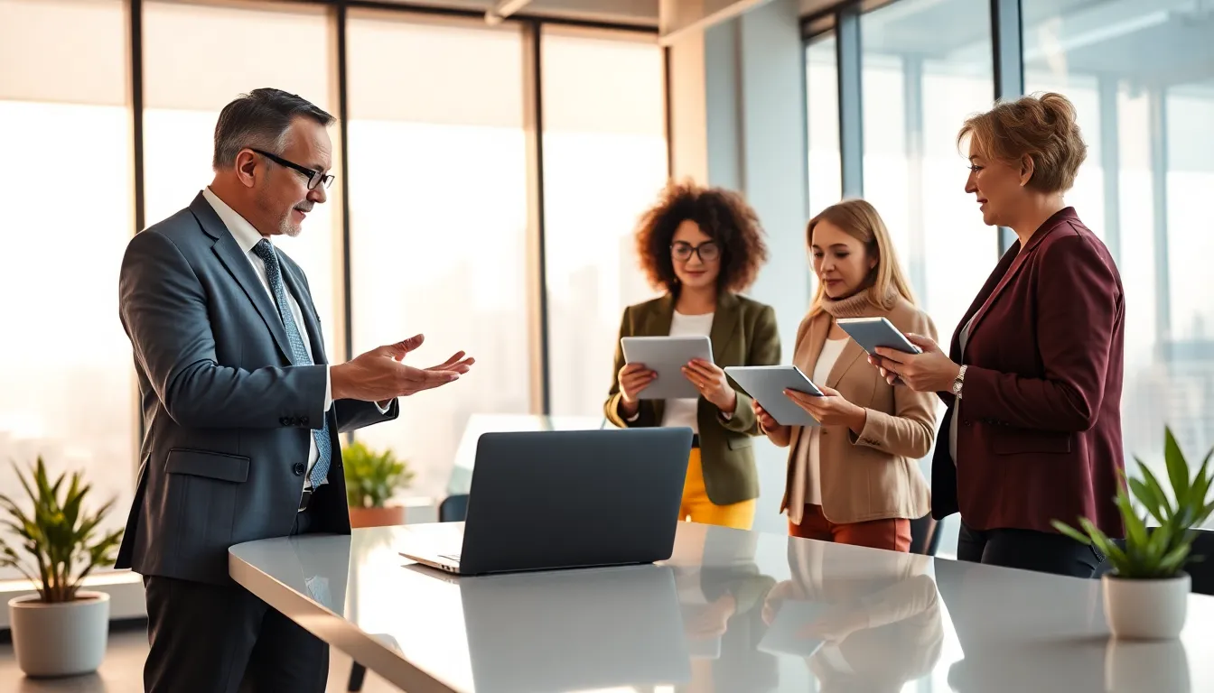 professionals discussing renting and buying a car in a modern office.