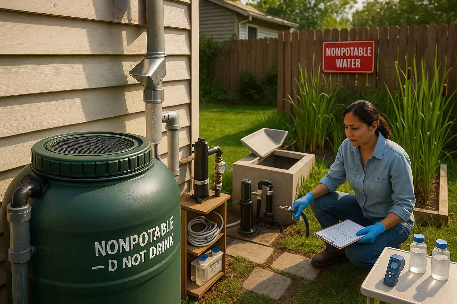 Green rainwater barrel with first-flush diverter and greywater treatment reed bed.