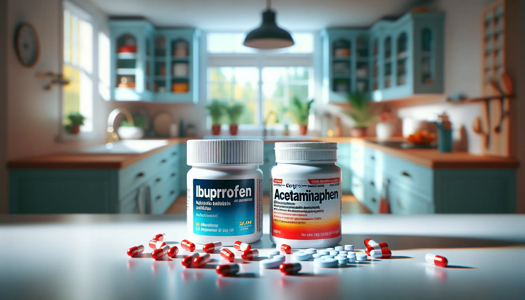Ibuprofen and Tylenol bottles side by side on a kitchen countertop.