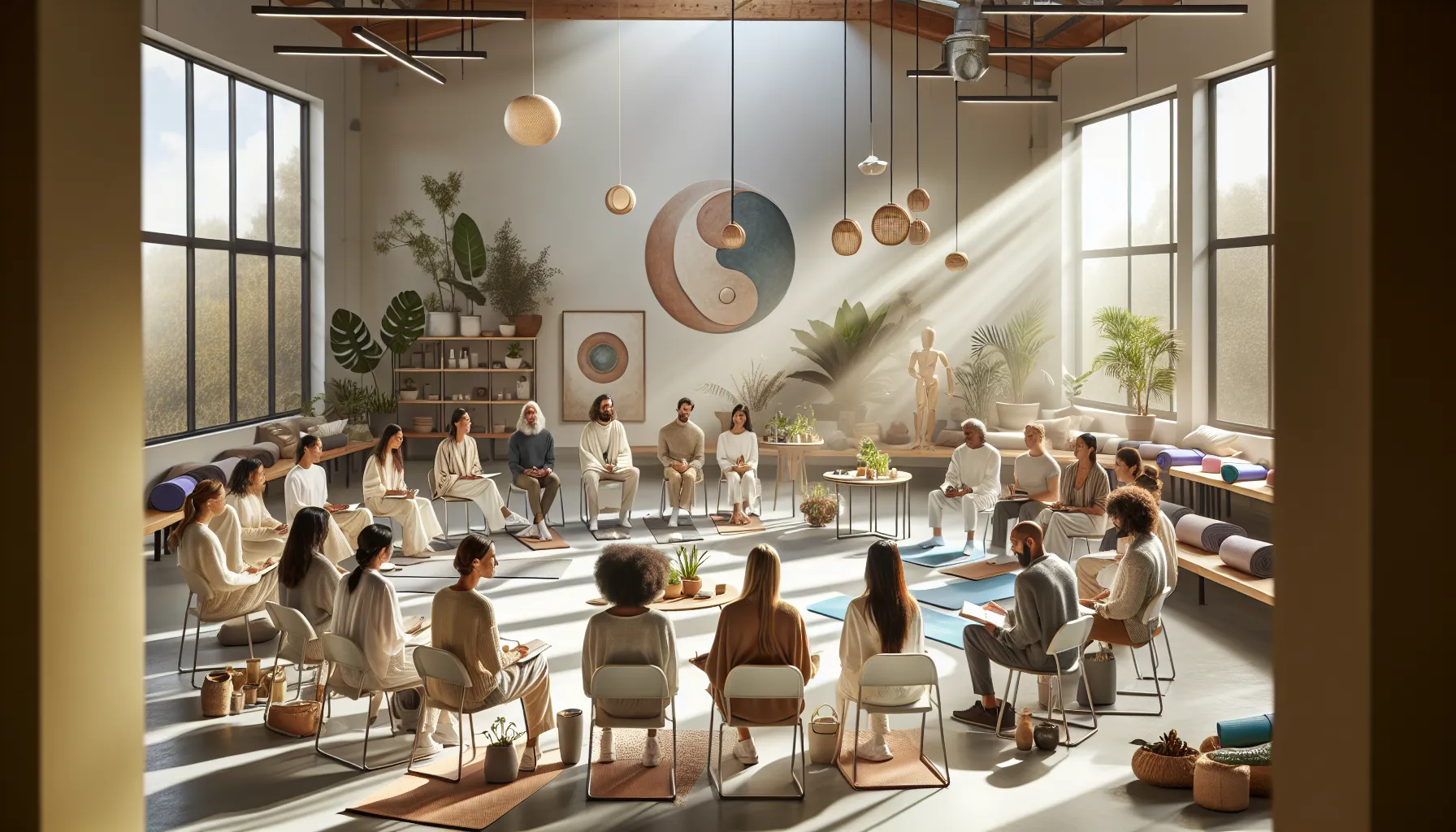 diverse group in a modern wellness studio discussing holistic health.