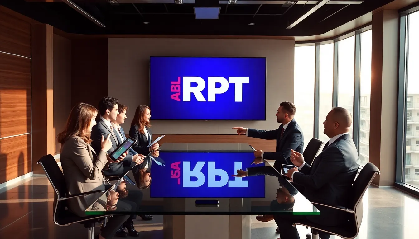 journalists discussing news broadcasting in a modern newsroom.