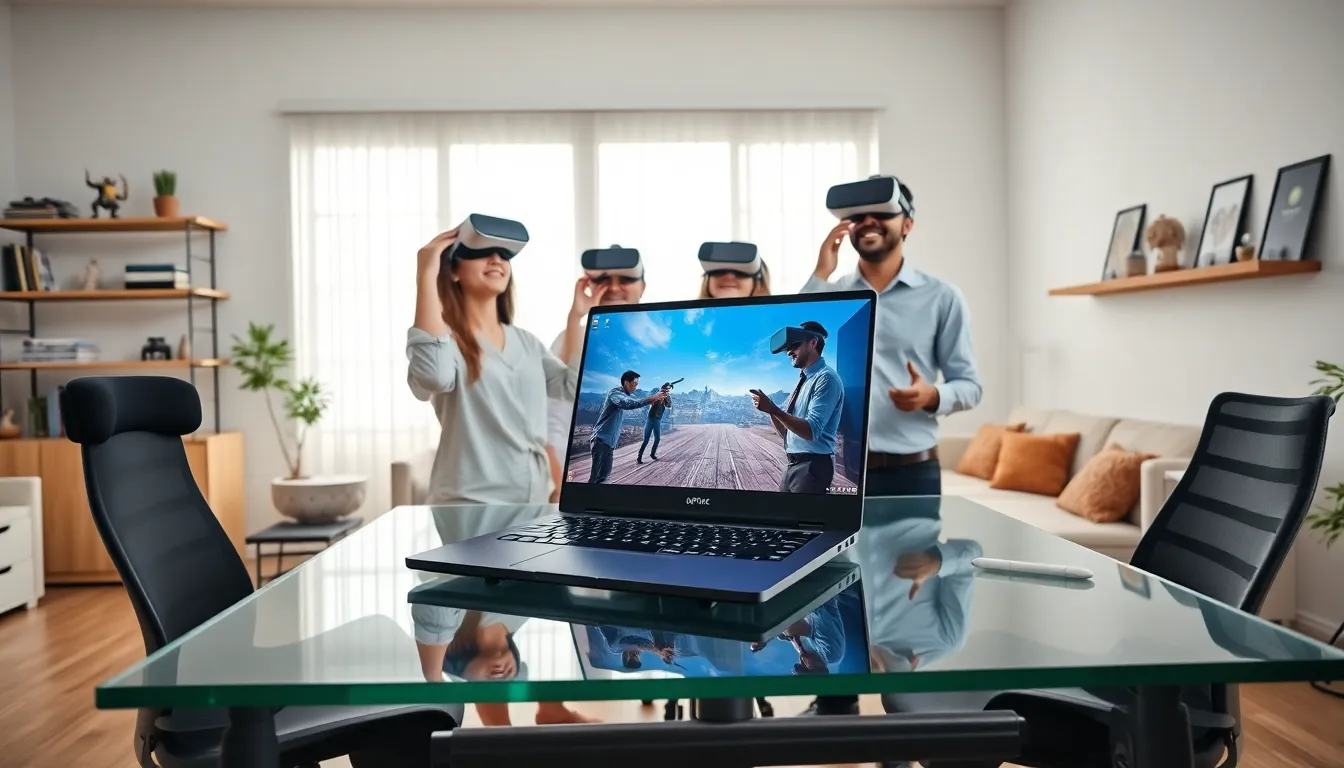 diverse group using a gaming laptop for virtual reality in a modern office.