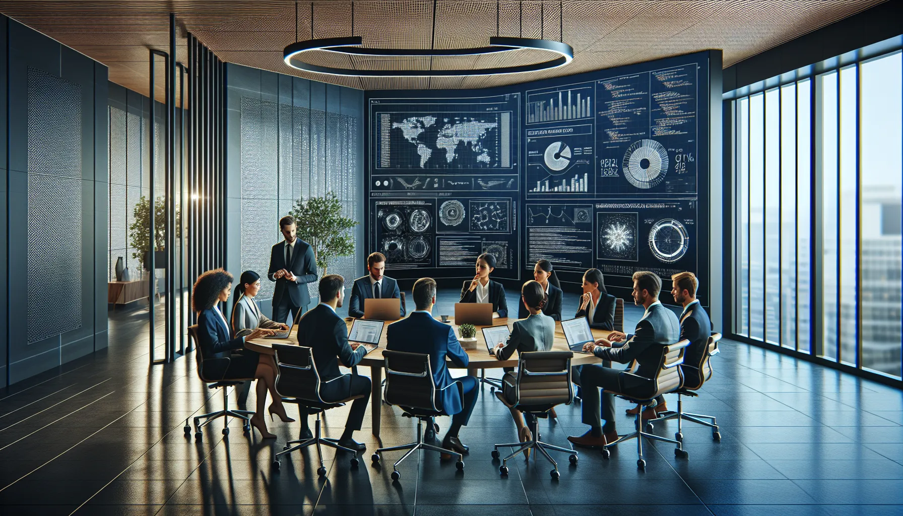 diverse team discussing technology in a modern office.