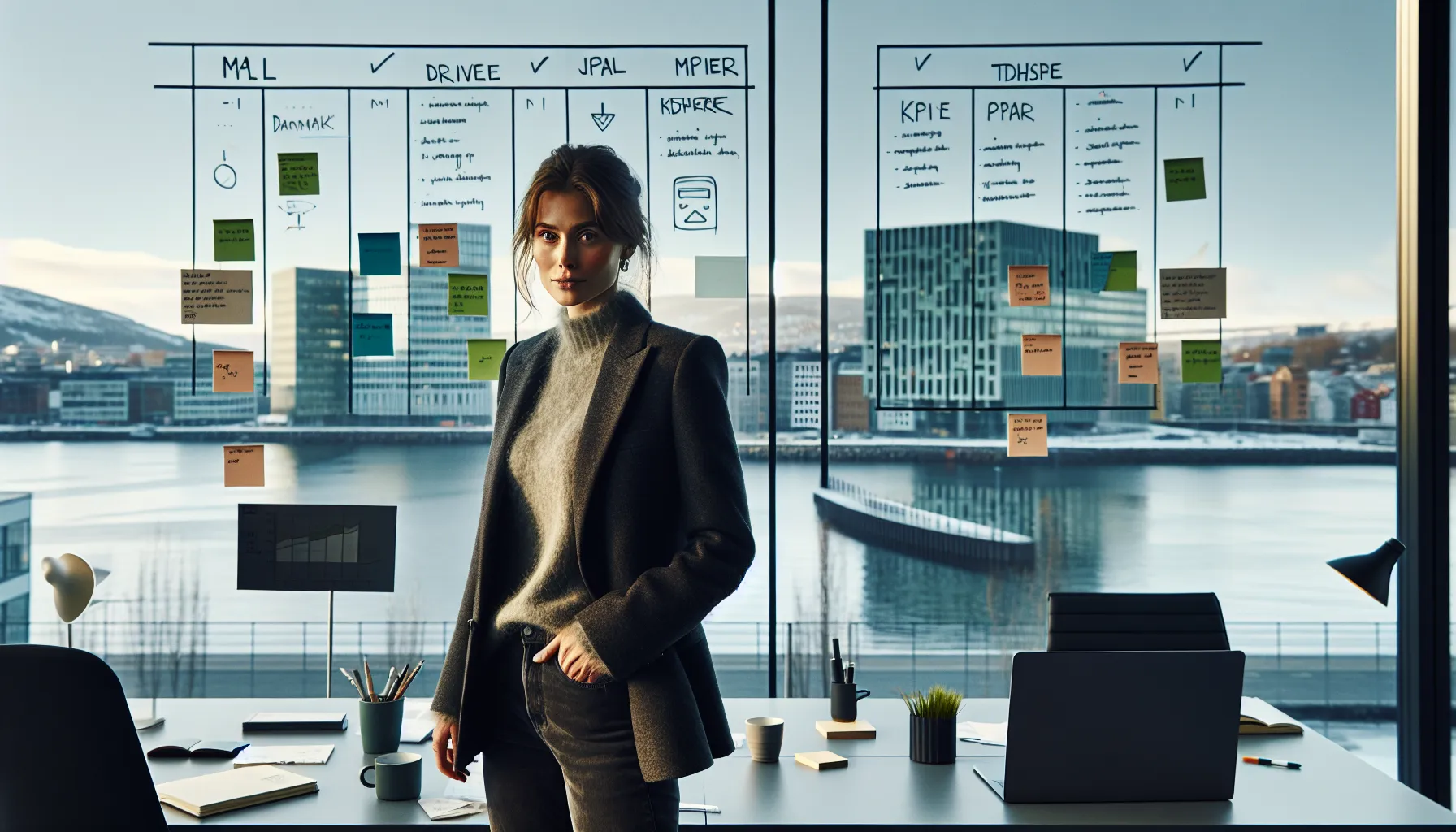 Norwegian marketer mapping seo goals, kpis, and search intent in office.