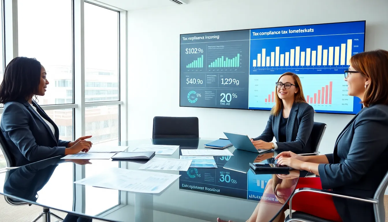 diverse professionals discussing tax compliance in a modern office.