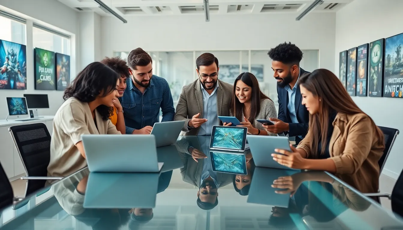 diverse team of game developers in a modern office setting.