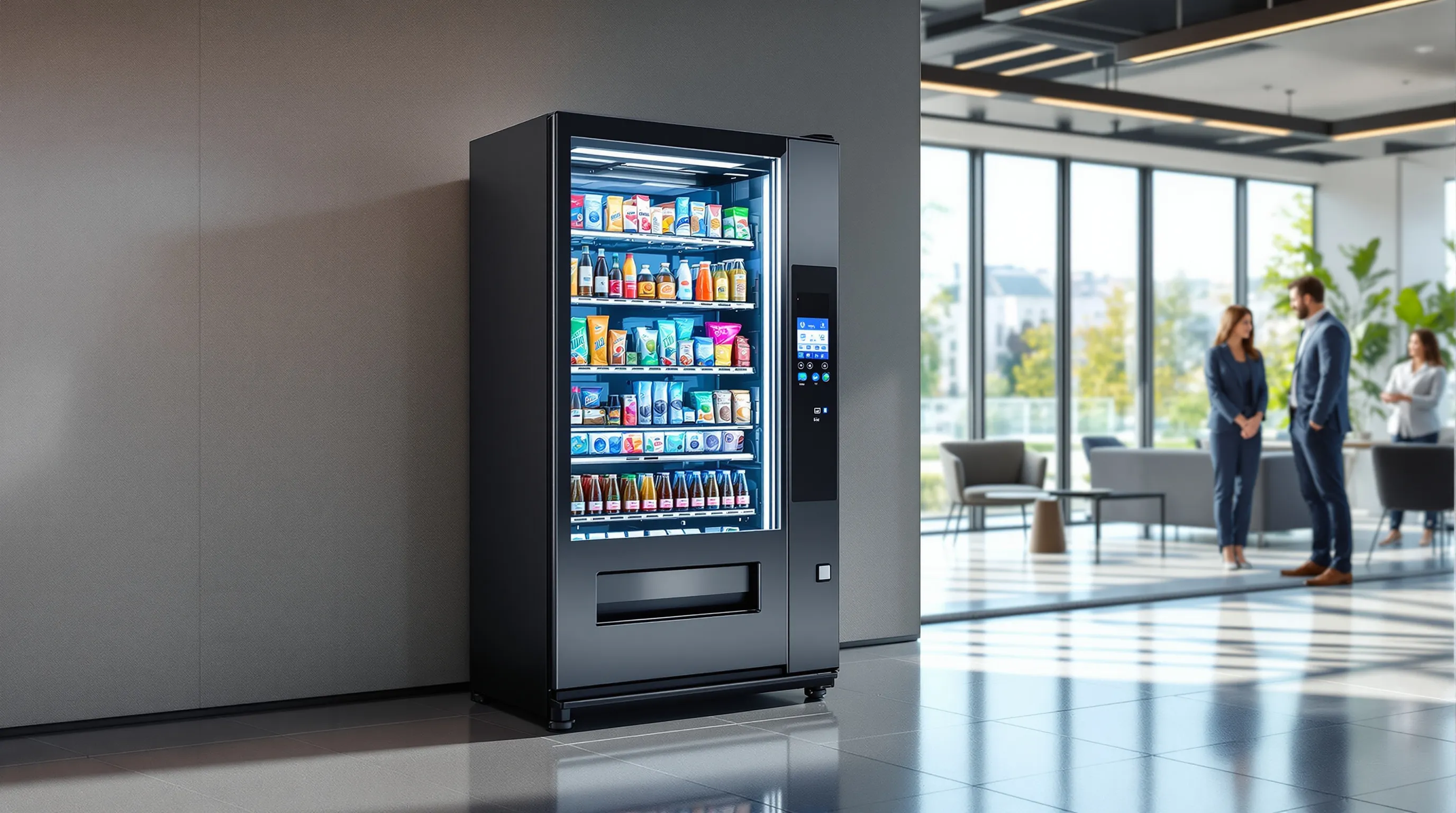 Modern vending machine in a Croatian corporate office with professionals nearby.