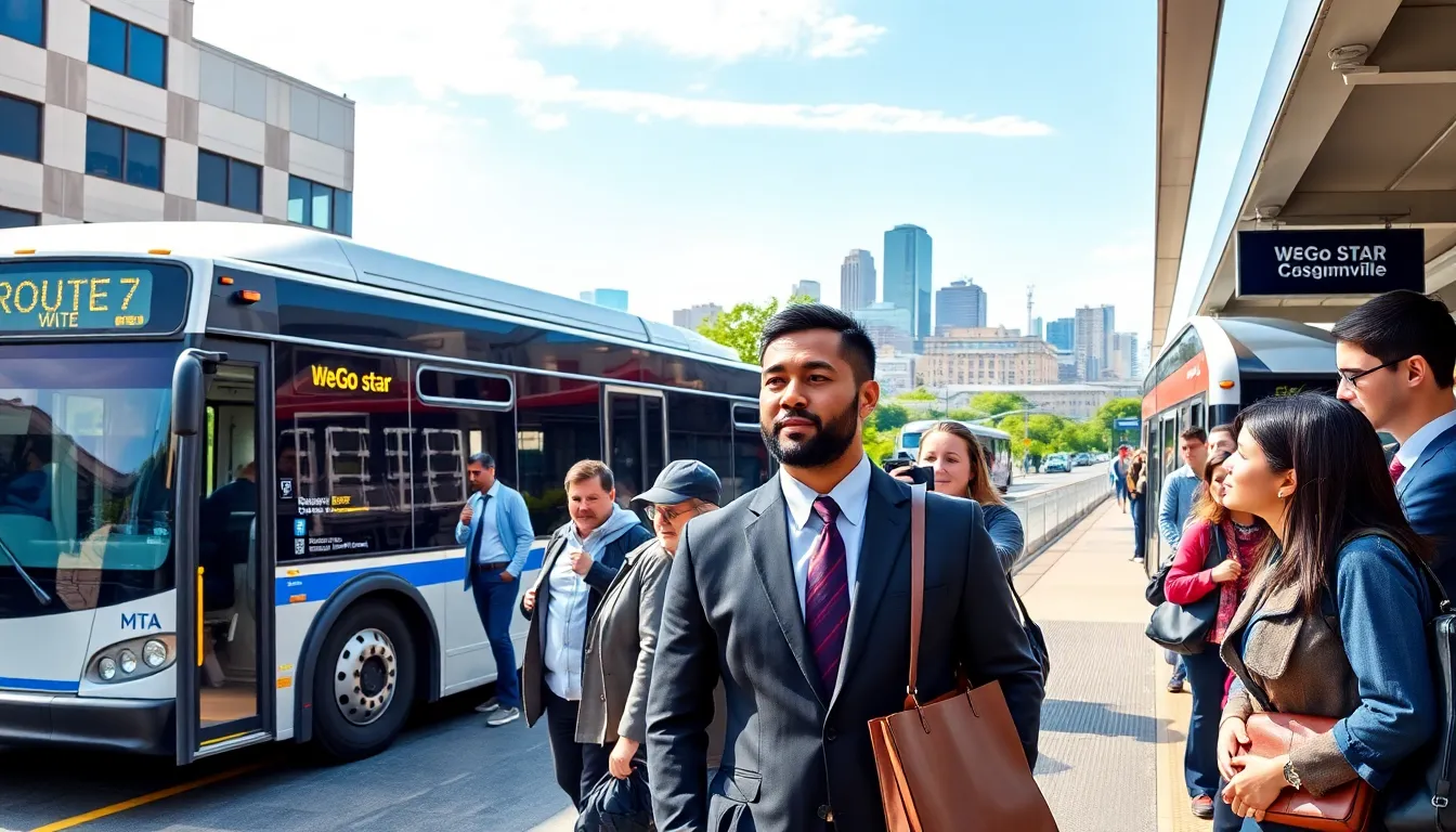 commuters using Nashville public transit services at a city bus and rail station.