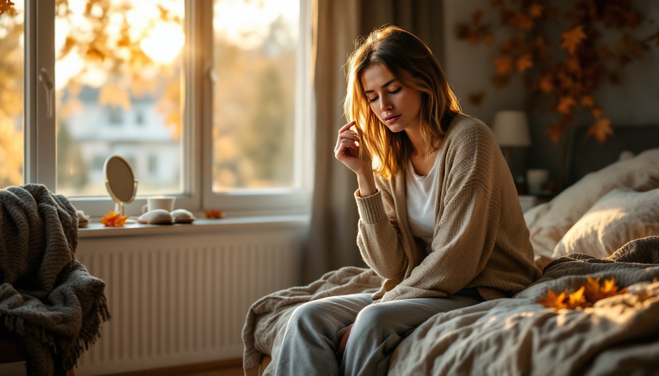 A tired woman sitting on her bed in soft autumn morning light, gently noticing seasonal fatigue.
