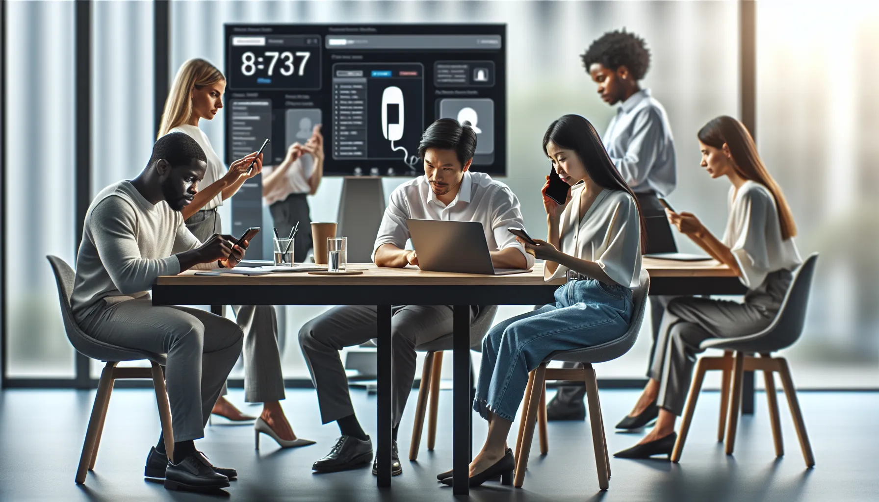 Professionals collaborating on caller ID information in a modern office.