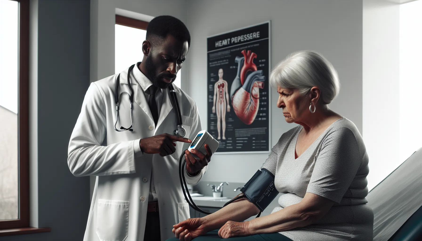 A doctor explaining elevated systolic blood pressure to an elderly patient.