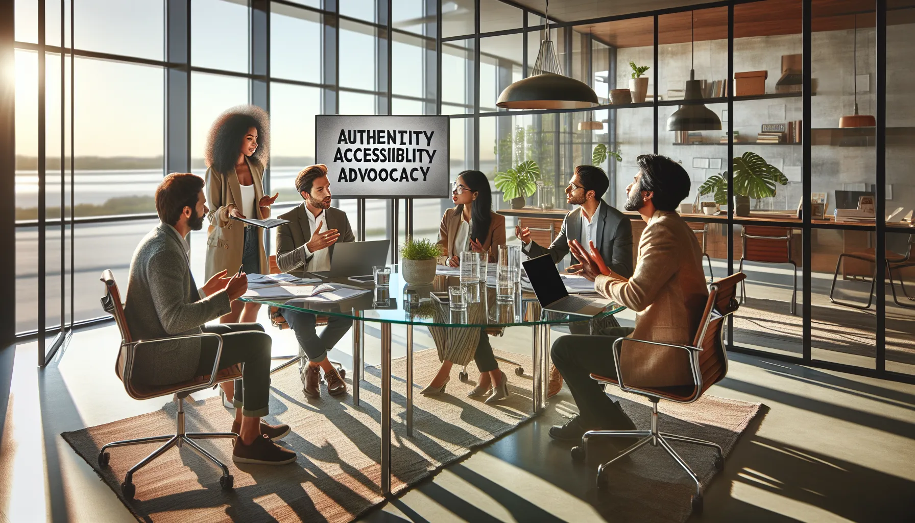 diverse team discussing core principles in a modern office.