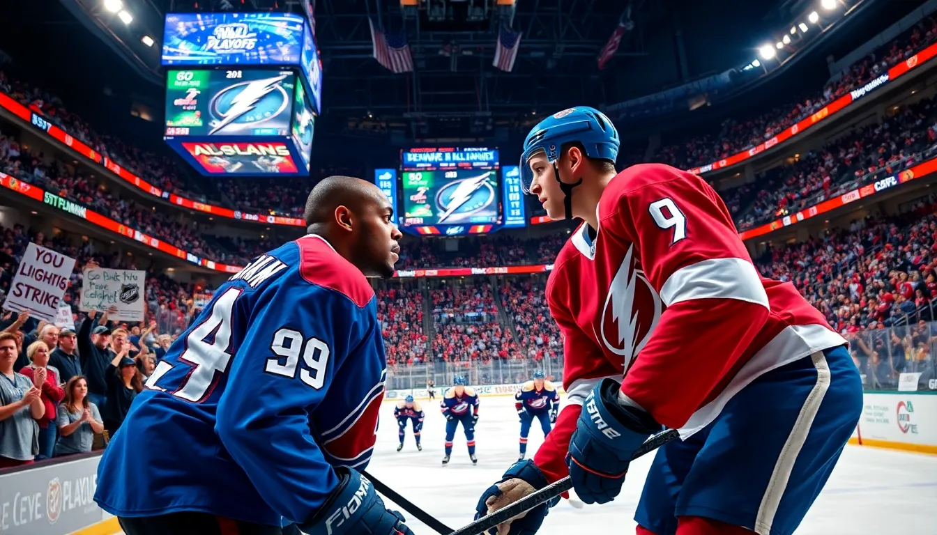 Intense face-off between Colorado Avalanche and Tampa Bay Lightning players during a game.