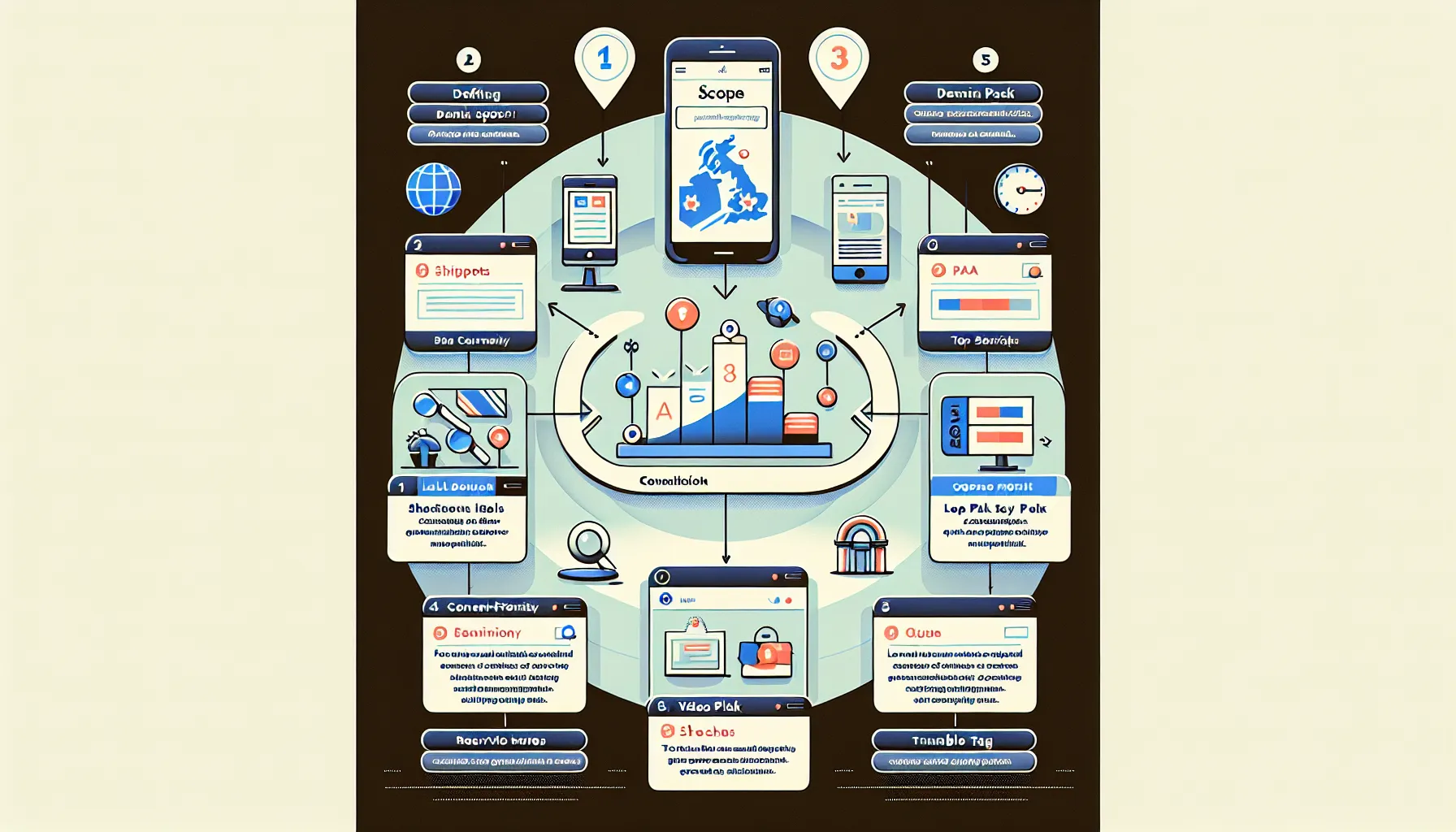 Vertical UK-focused SERPs analysis workflow with five connected steps and icons.