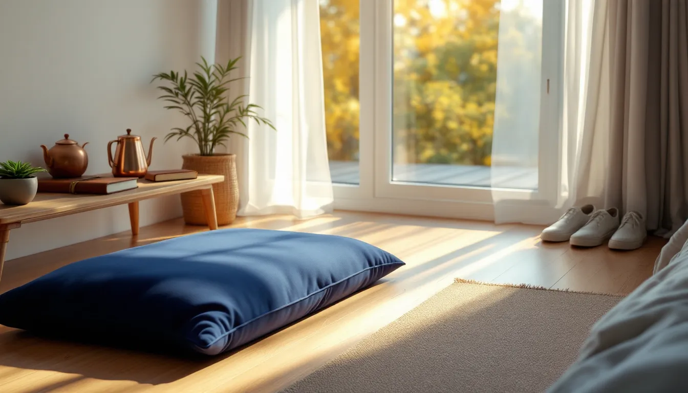 A serene, organized bedroom corner with a meditation cushion, journal, and walking shoes in morning light.