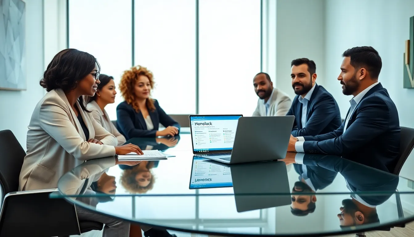 professionals discussing online proctoring technology in a modern office.