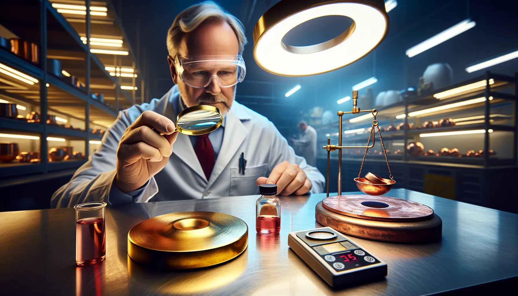 a scientist examining brass and copper metals in a laboratory.