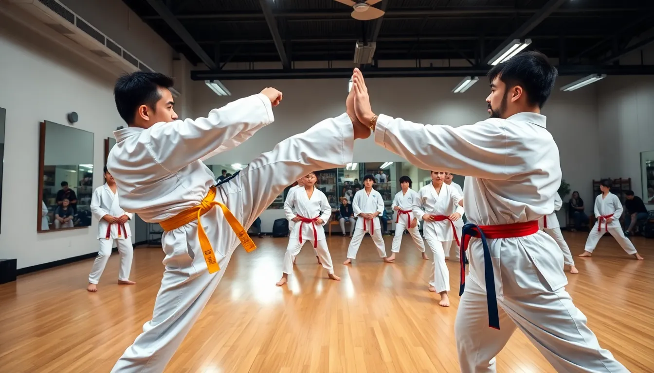 taekwondo practitioners sparring in a gym setting.