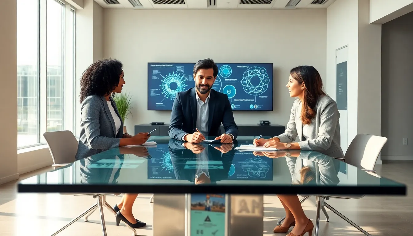 diverse professionals brainstorming in a modern office setting.