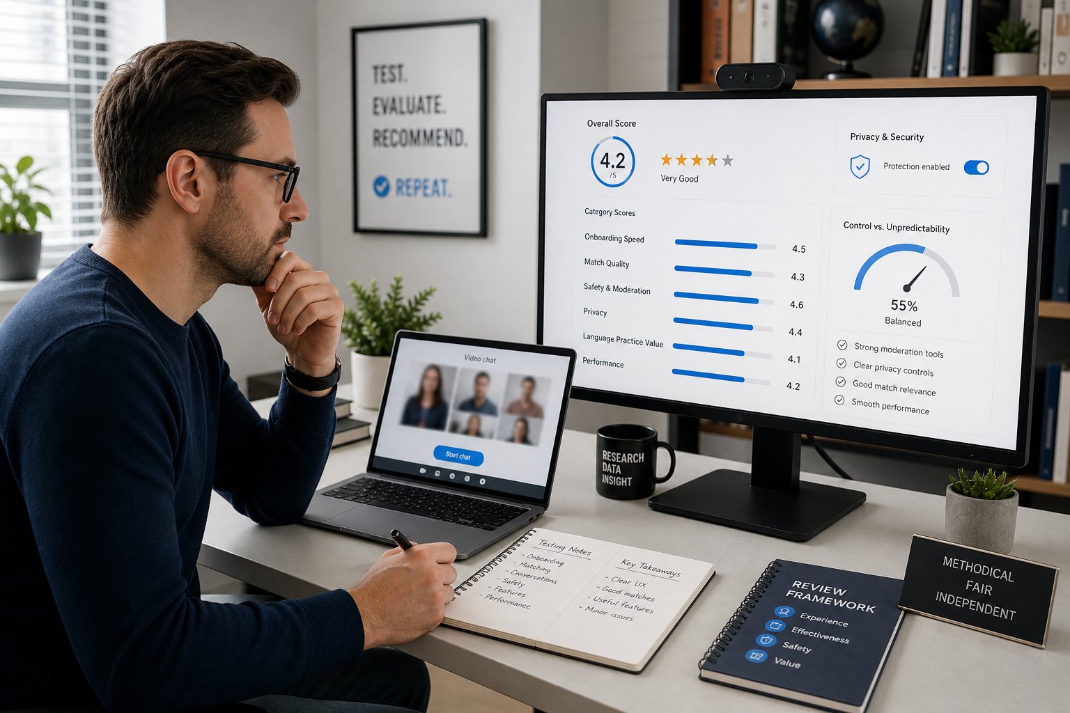 Reviewer scoring a random video chat platform on a dashboard in an office.