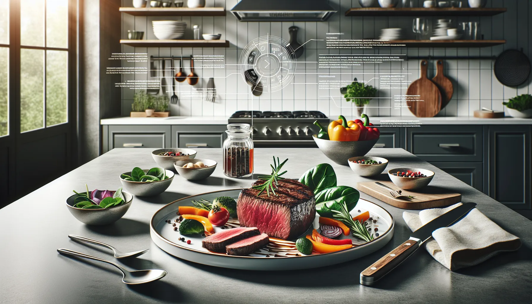 a plated bison steak with vegetables in a modern kitchen setting.