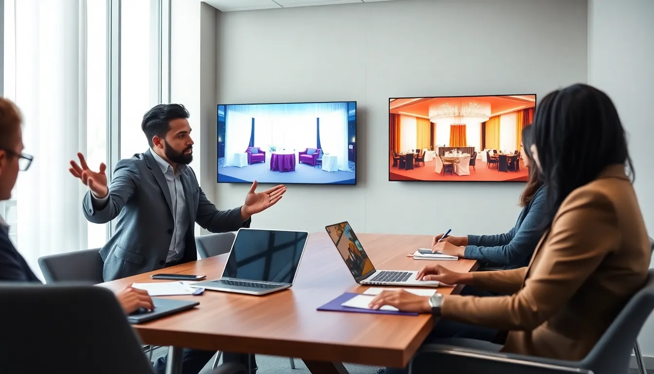 event planners discussing budget-friendly event ideas in a modern office.