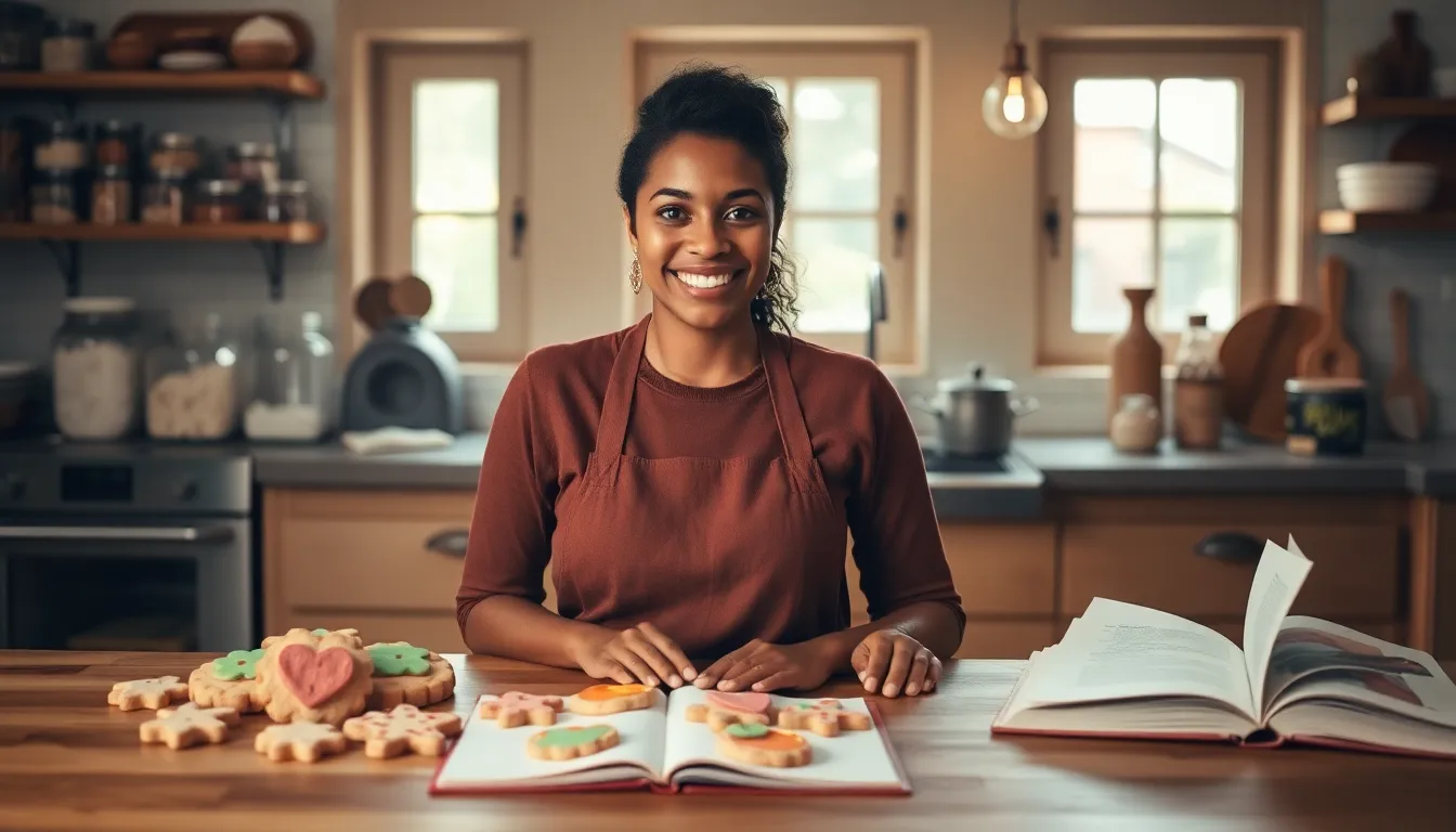 baker in a cozy kitchen with colorful cookies and family recipes.